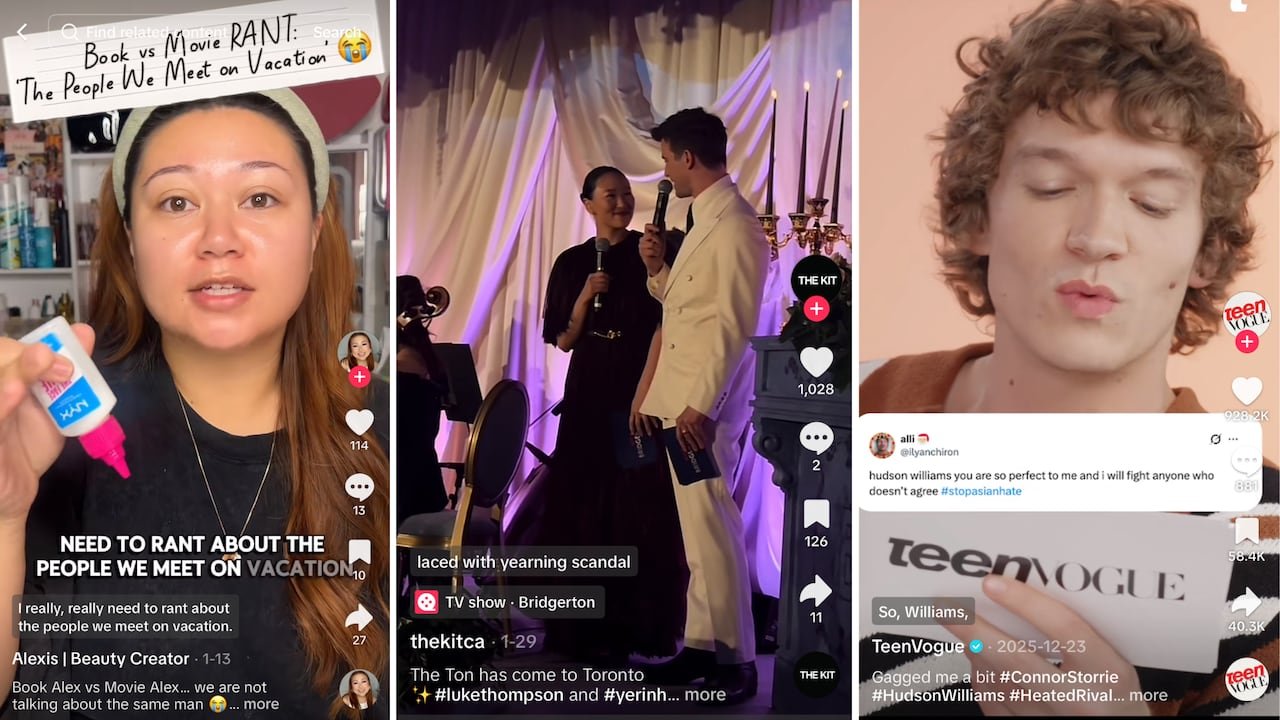 default-398 A composite of three screenshots from TikTok featuring various scenes related to book-to-screen adaptations.